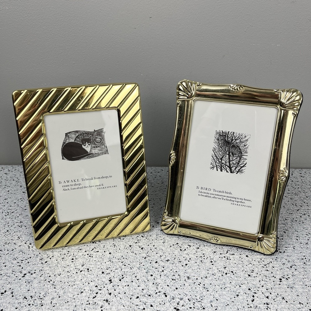 Cat Art Prints Framed in 90s Vintage Brass Picture Frames Free Standing Set of 2